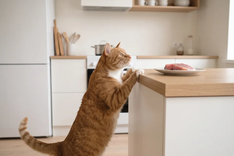 Die Katze versucht, den Fisch zu erreichen.